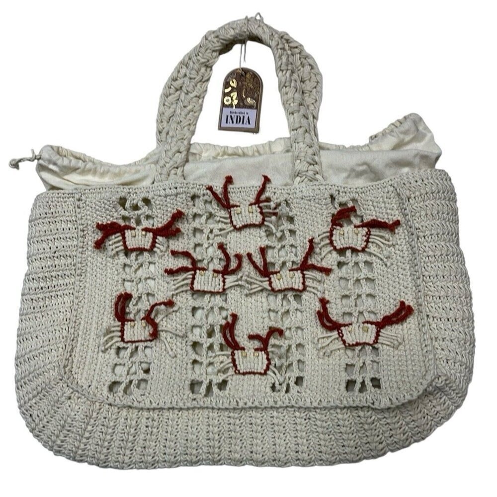 Handcrafted Crochet Tote Bag Cream Red Crab Coastal Beach Bag Drawstring Lining‎
